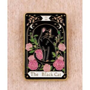 The Black Cat Tarot Card Enamel Pin Gold Tone Pink Roses Mystical Pin